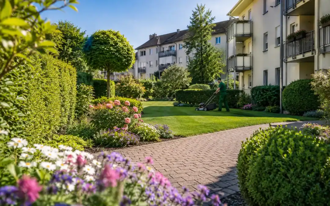 Gepflegte Grünanlage vor einem Mehrfamilienhaus