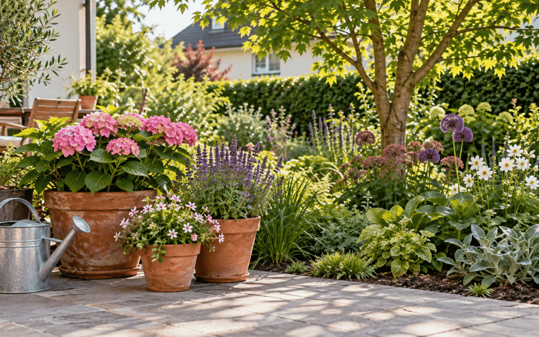 Blühende Kübelpflanzen und Gießkanne auf einer Terrasse neben einem Gartenbeet