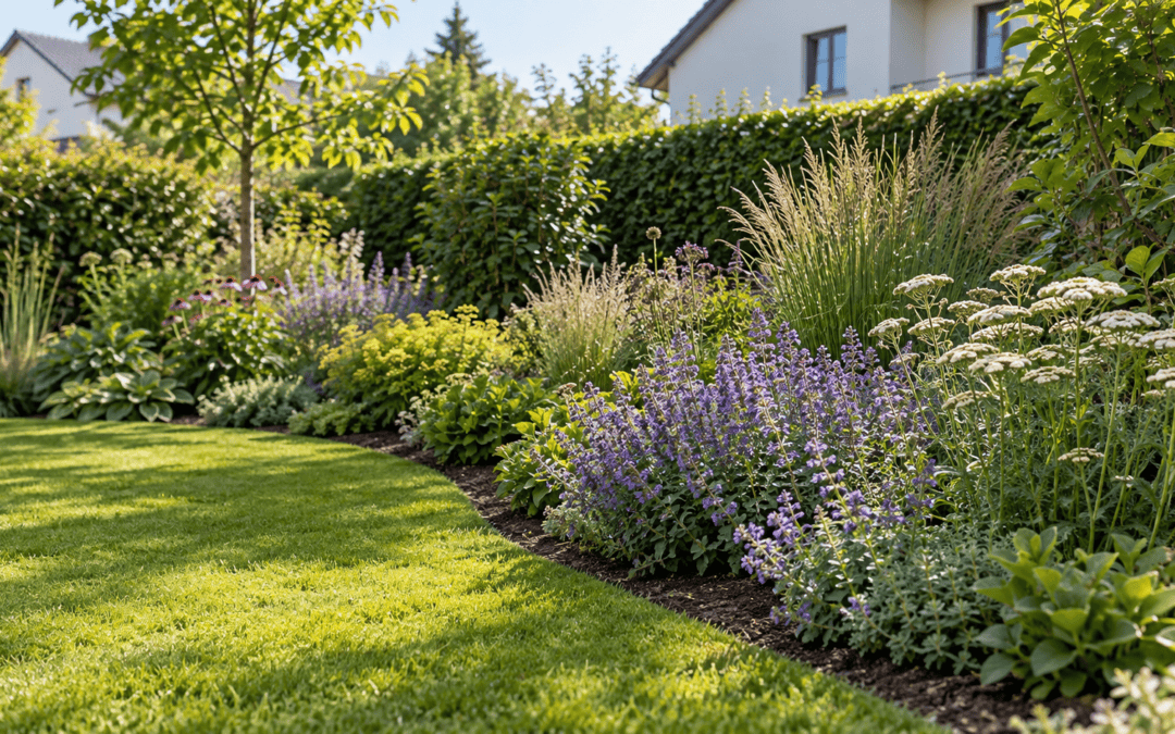 Garten mit Rasen, blühendem Staudenbeet und grüner Hecke